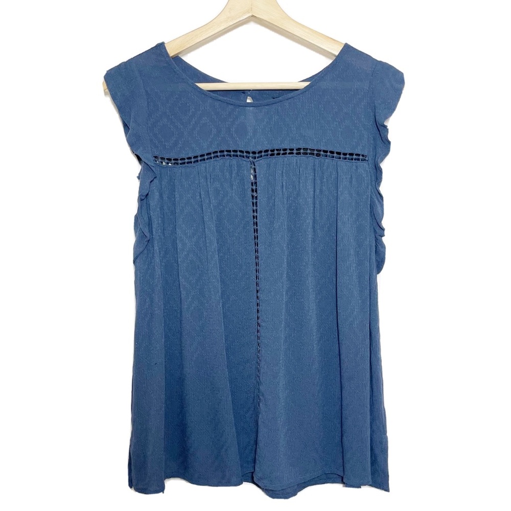 NWT Harlowe & Graham Ruffle Short Sleeves Top Blouse Crochet Trim Blue Sz M